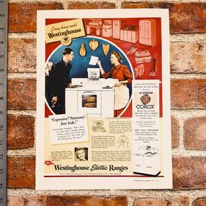 1940 Westinghouse Corox Stove Print Ad Smiling Housewife‎ Mailman 9.5x12.75 Vtg